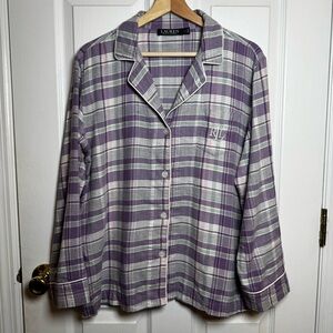 Lauren Ralph Lauren Purple Plaid Cotton Flannel Pajama Set Button Top Large